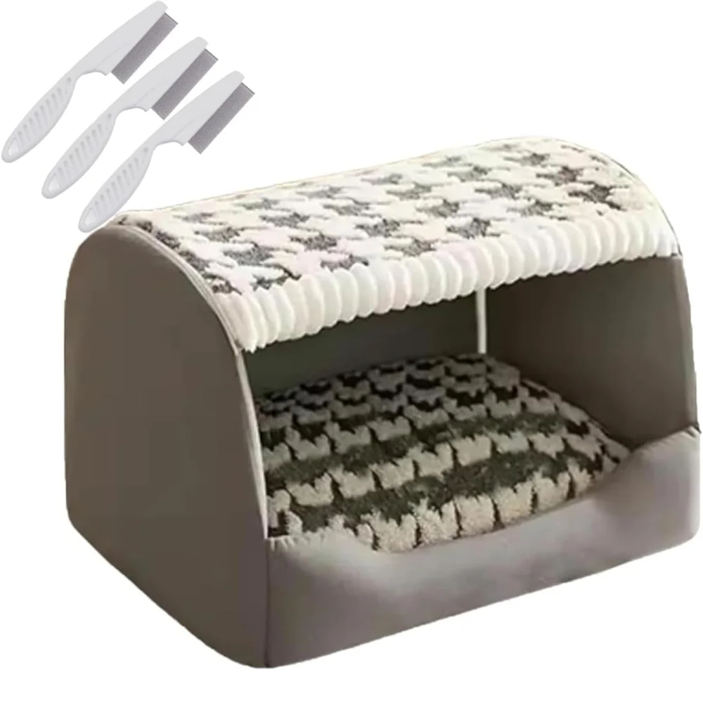 Plush Gray Dog Bed with Patterned Cover